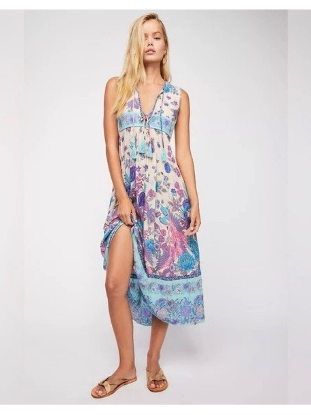 Spell & Gypsy Collective Floral Tie-Front Dress in Pink Blue and Purple NWT Sm